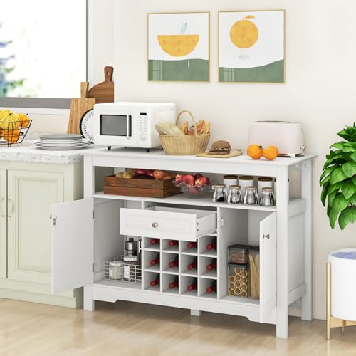 Giantex Bar Cabinet with Storage, 12-Bottle Wine Rack, 2 Doors & Drawer, White B390619