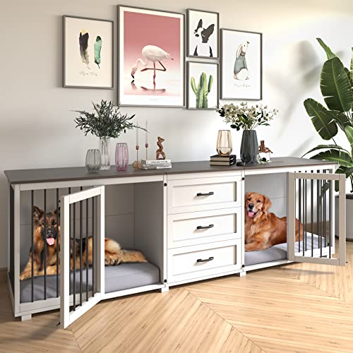 Furniture Style Dog Crate - Farmhouse Wooden Dog Kennel Furniture with 3 Drawer, Double Doors with Locks, 95"x23"x32"H, White