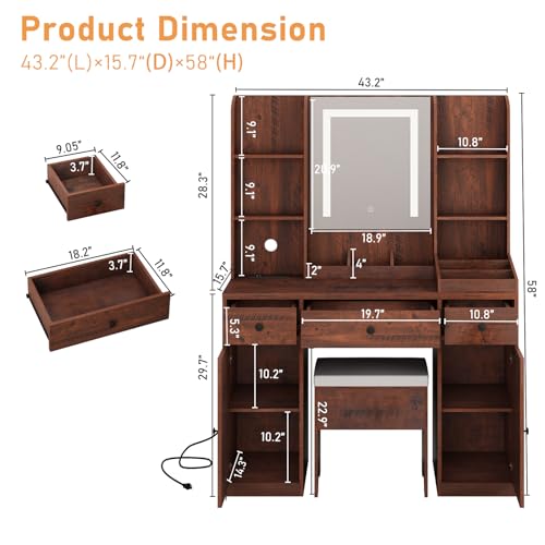 Farmhouse Vanity Desk with Outlet & Stool, White LED Makeup Vanity Set J721107