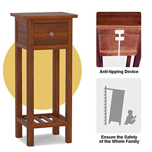 GORELAX Narrow End Table, Tall Nightstand with Drawer & Shelf, Anti-Tipping Device, White X723
