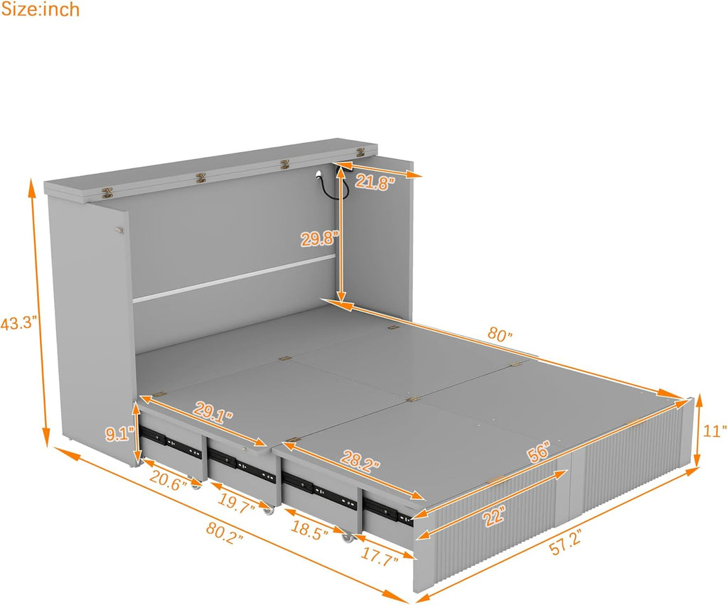 Murphy Bed Wall Bed with Storage Drawers, Foldable Platform Bed, Gray Full Size with USB Ports Q180395