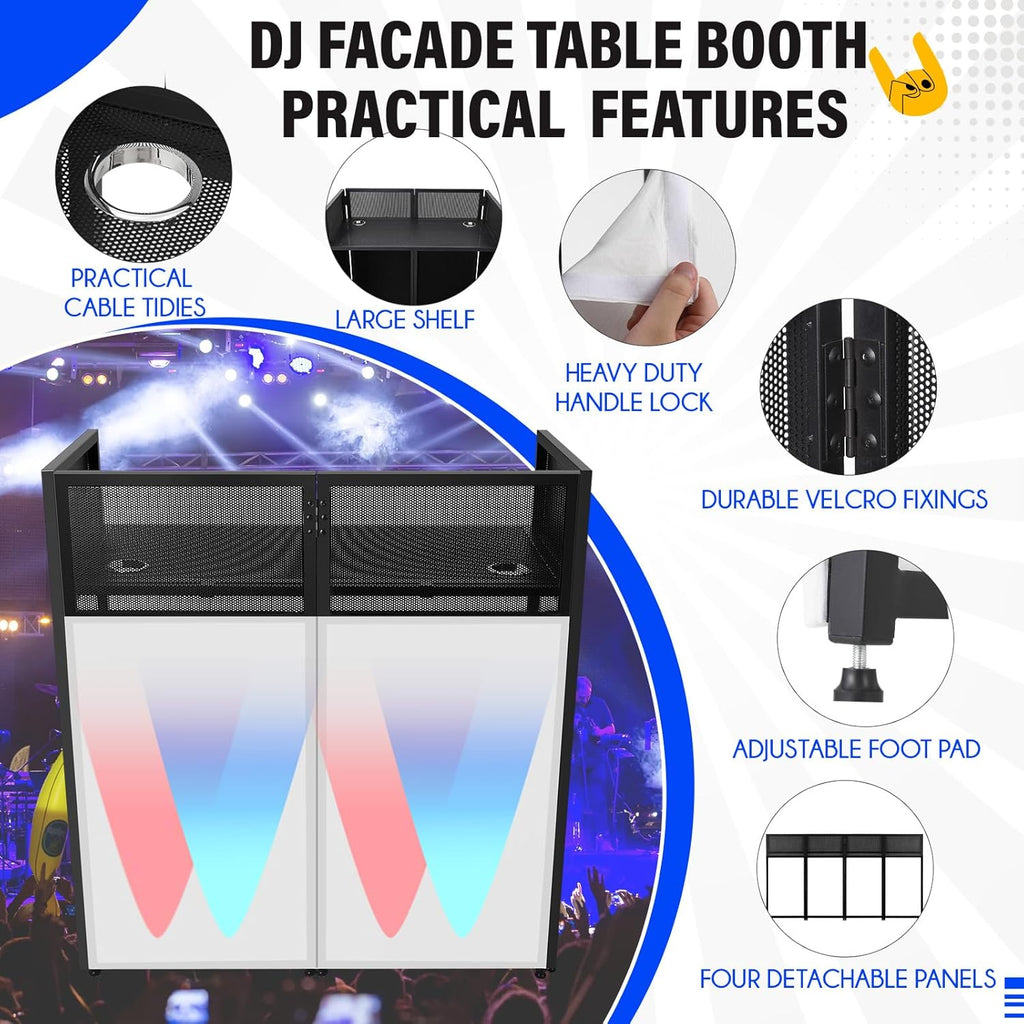 Portable DJ Facade Booth with White & Black Scrim, Foldable Table Station, Black Metal Frame Q241
