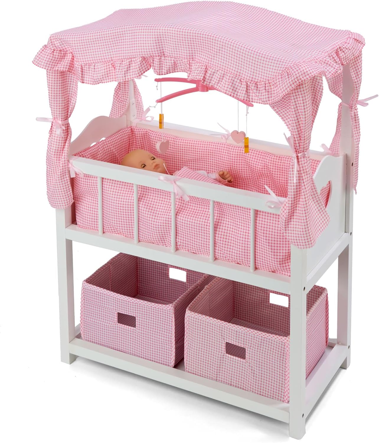 Badger Basket Toy Doll Bed with Storage Baskets and Musical Mobile, White/Pink R614082