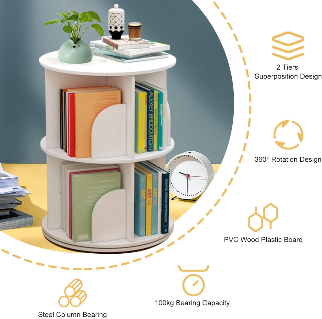 Rotating Bookshelf 2 Tiers Freestanding Storage Shelf, White A892
