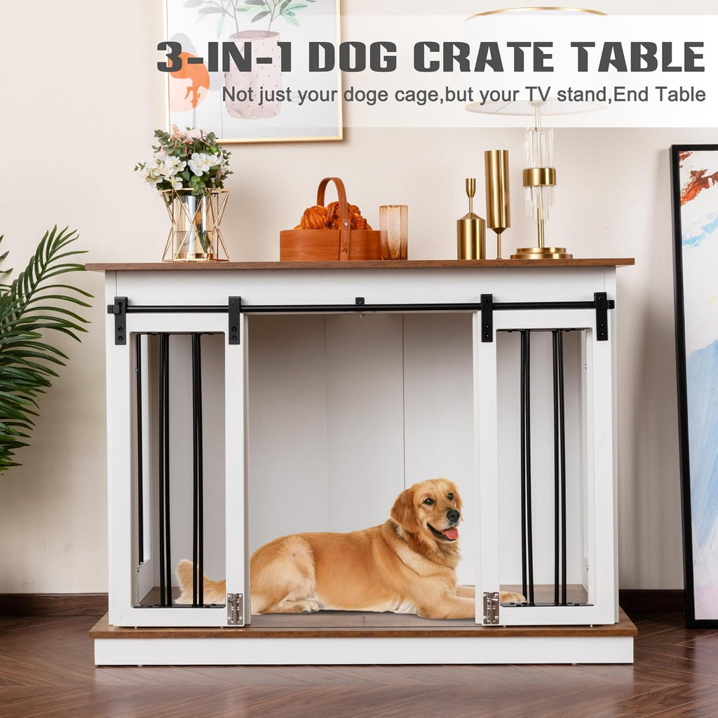 Sunseen Dog Crate Furniture with Divider, Wooden Kennel End Table, White Q35948