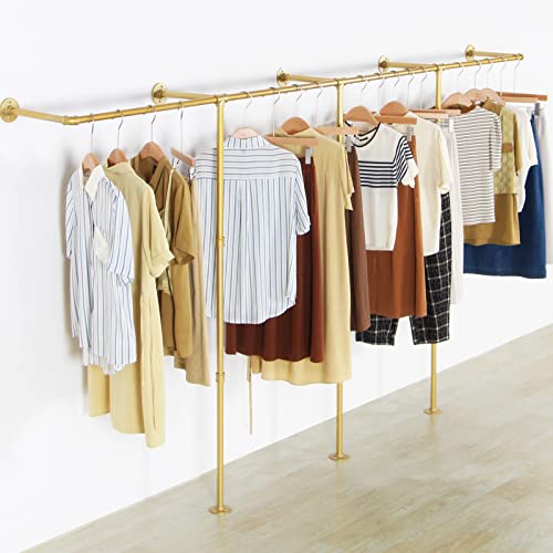 Gold Wall Mounted Clothing Rack with 3 T-Bar Design and Wooden Shelves G810780