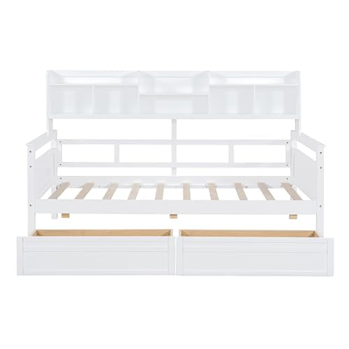 WADRI Twin Size Daybed with Bedside Shelf and 2 Storage Drawers, Wood Frame, Gray P301964