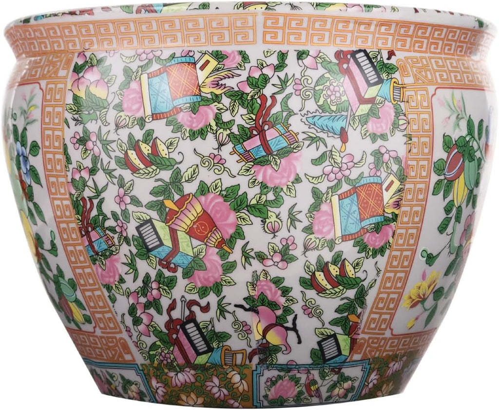 Floral Asian Cachepot Planter with Rose Medallion Painting 10" O233