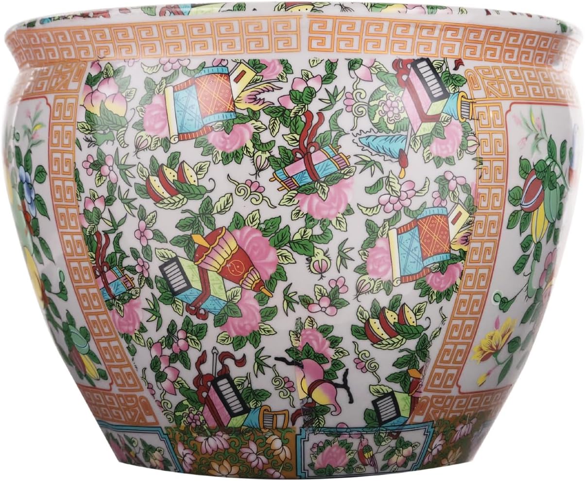 Floral Asian Cachepot Planter with Rose Medallion Painting 10" O233