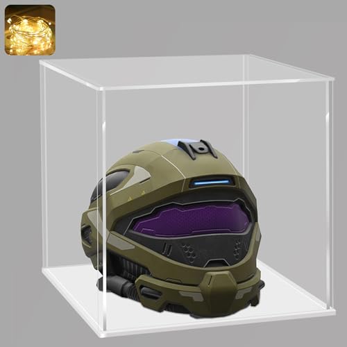 LANSCOERY Acrylic Display Case, Assemble Showcase Display Box for Collectibles, with Dustproof & Seamless Display Design, Suitable for Helmet 15.7x15.7x15.7inch Thick White Base