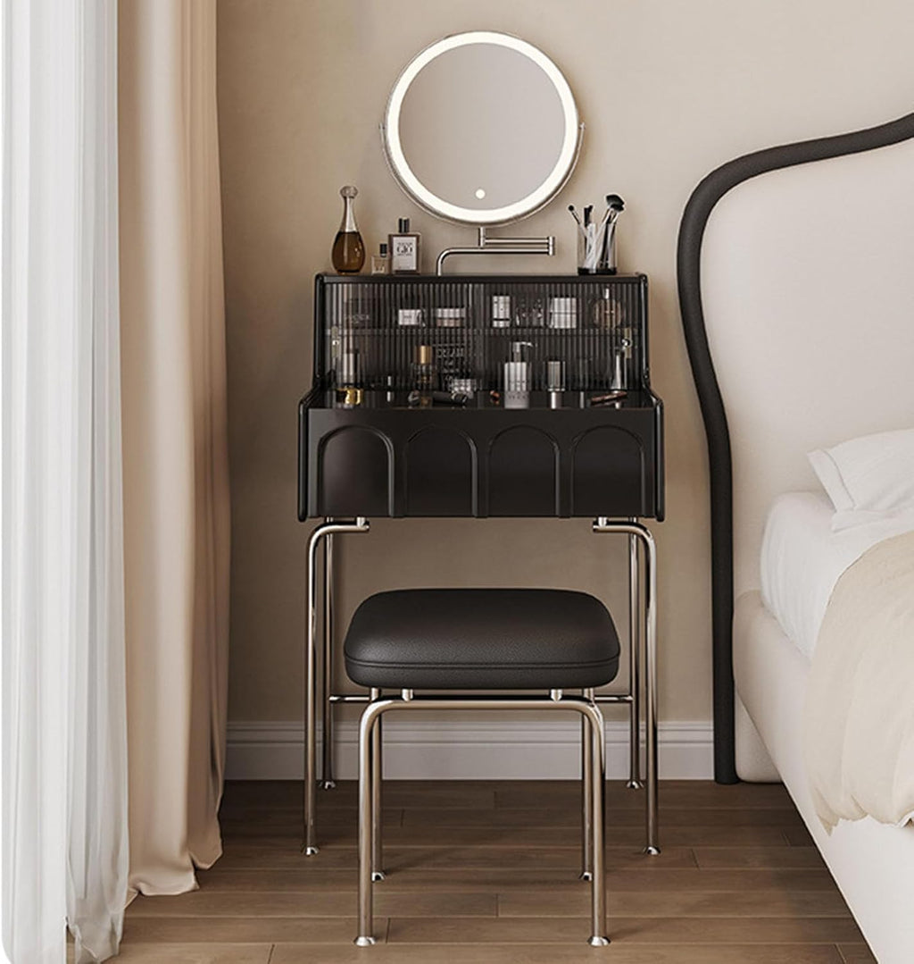 Small Vanity Desk with 3 Lighted Mirror and Storage Shelf, Black H285