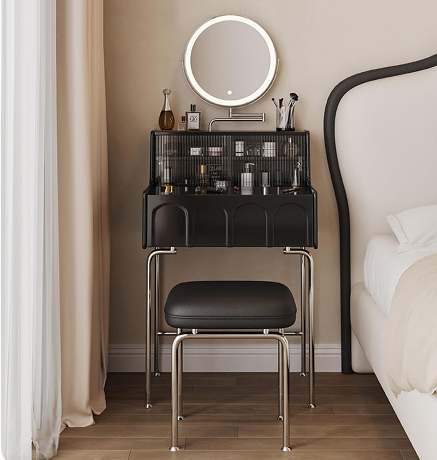 Small Vanity Desk with 3 Lighted Mirror and Storage Shelf, Black H285