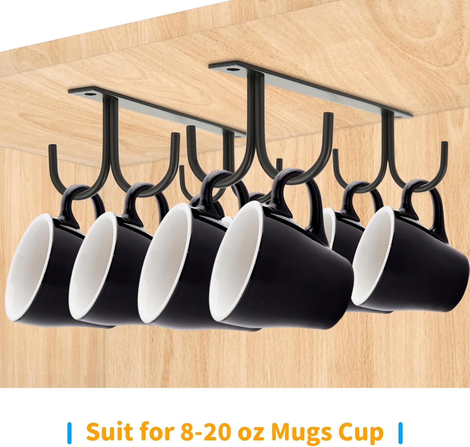 6 Pack Under Cabinet Mug Rack with 24 Hooks, Black Y97680