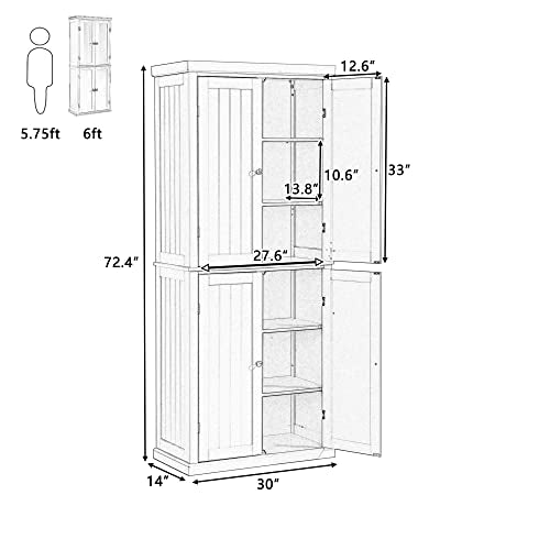 Kitchen Pantry Cabinet, 72.4-inch Tall Storage Cabinet with 4 Doors, White O355557