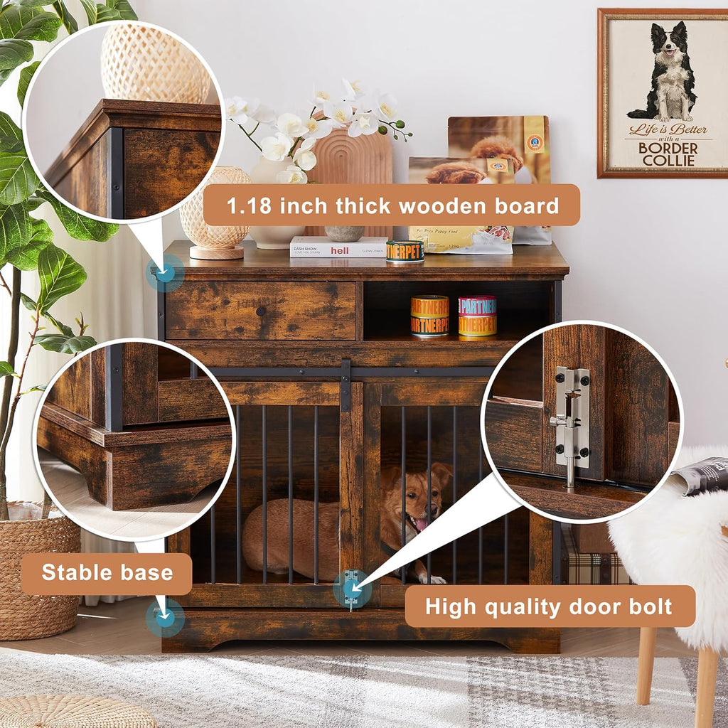 Furniture Style Dog Crate with Sliding Barn Door and Storage Drawers, Rustic Brown B737992
