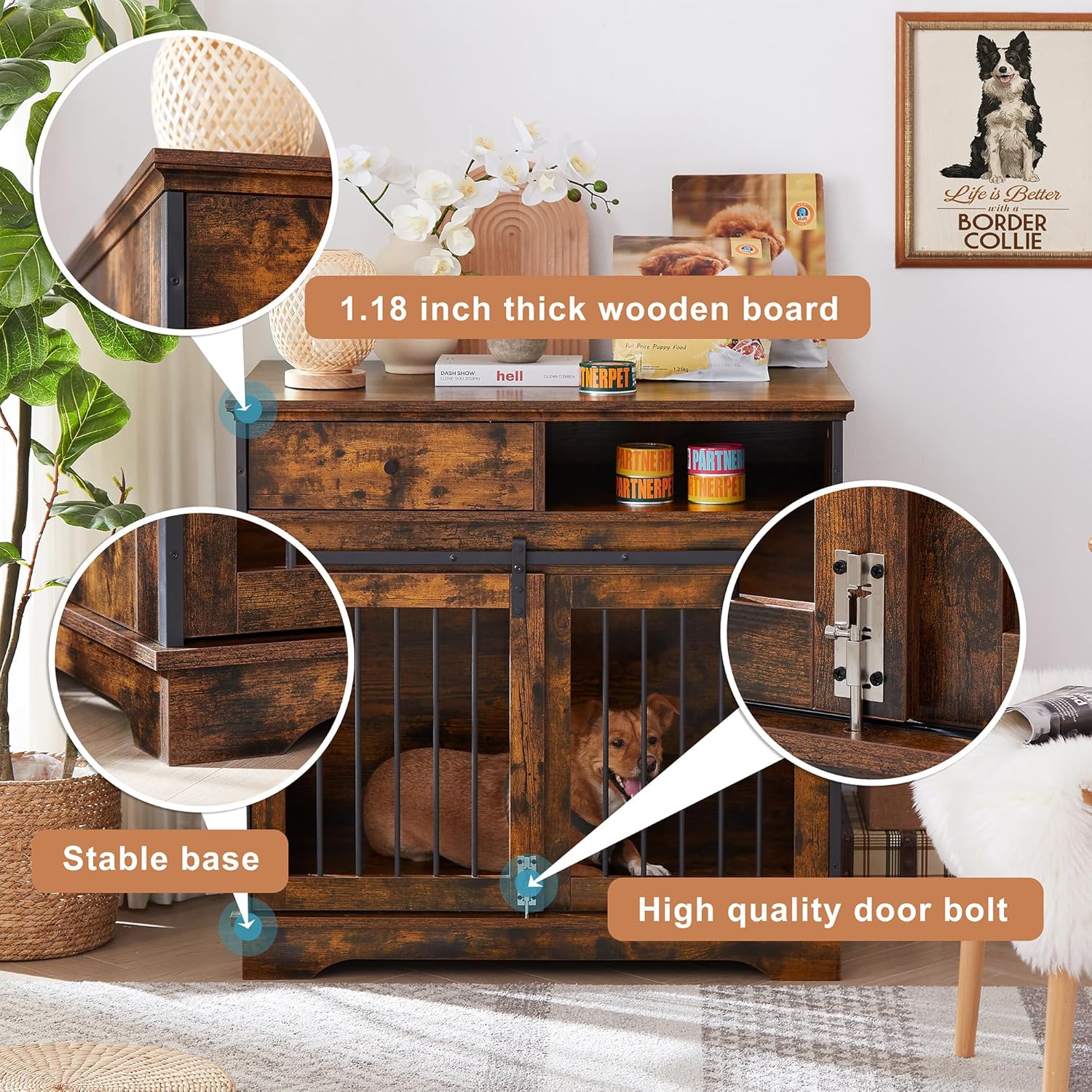 Furniture Style Dog Crate with Sliding Barn Door and Storage Drawers, Rustic Brown B737992