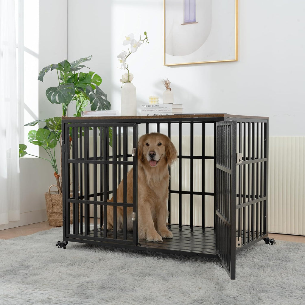Heavy Duty Dog Crate for Large Medium Dogs with Lockable Wheels T450