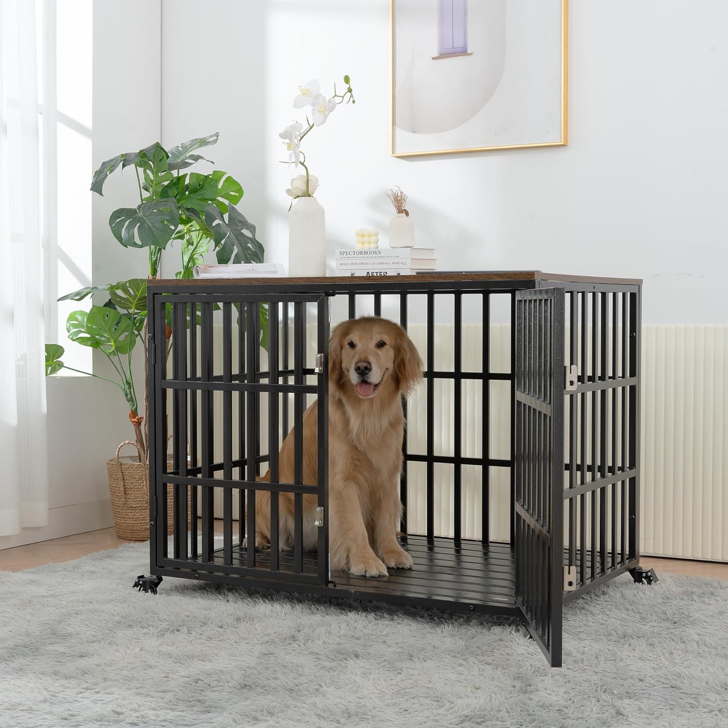 Heavy Duty Dog Crate for Large Medium Dogs with Lockable Wheels T450