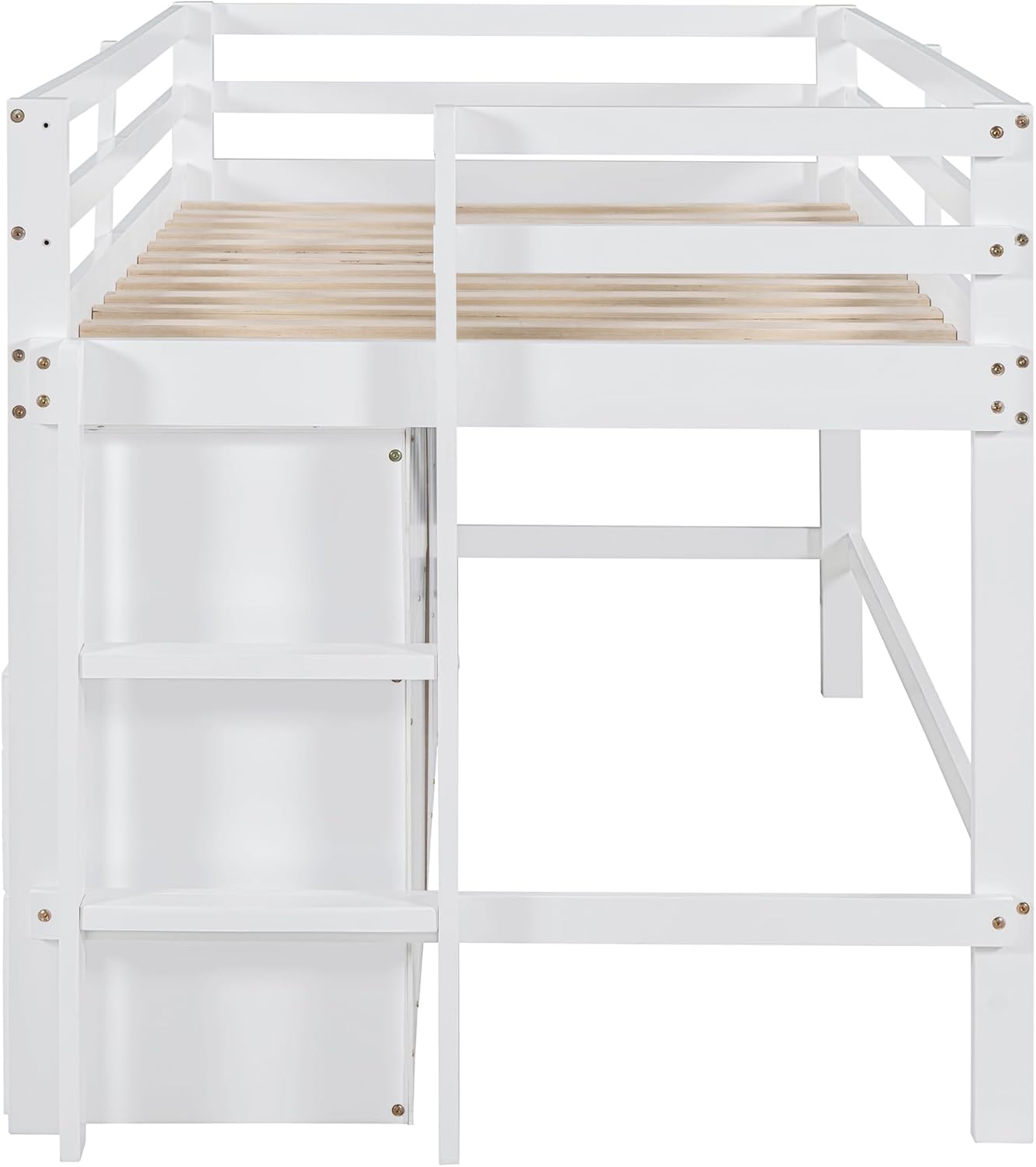 Twin Size Kids Loft Bed with Storage, Wooden Frame with Drawers and Ladder, White Q147