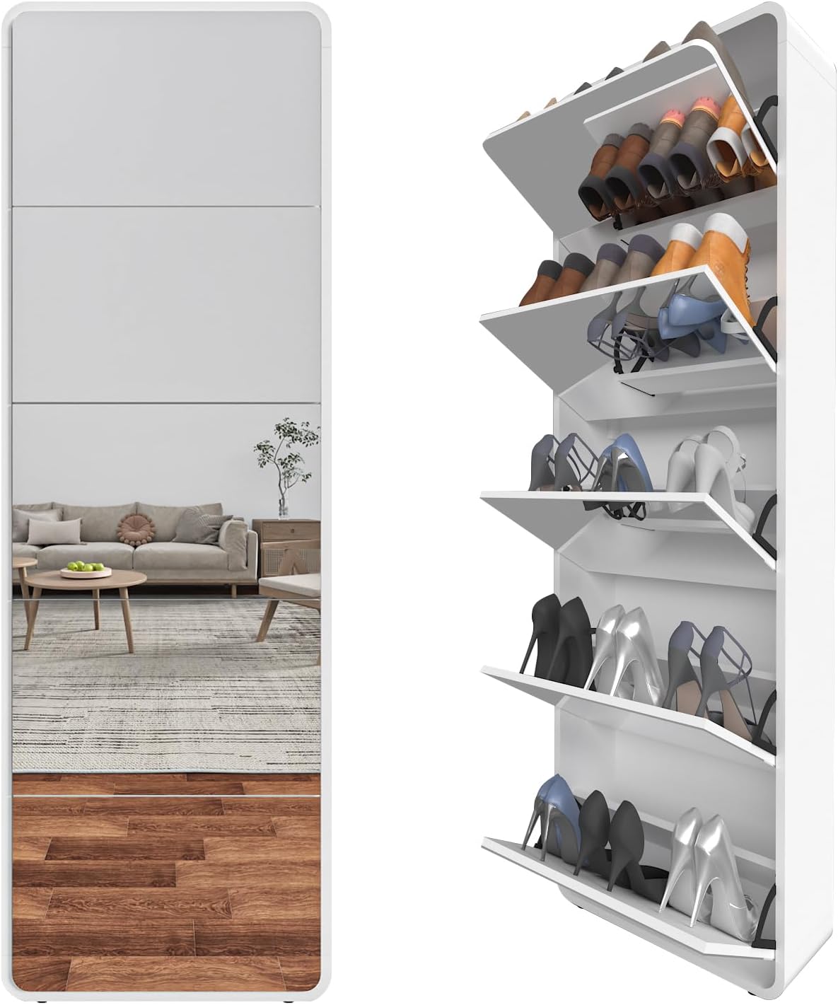 Arc Mirror Shoe Cabinet, Freestanding 5 Tier Shoe Storage Organizer M92924