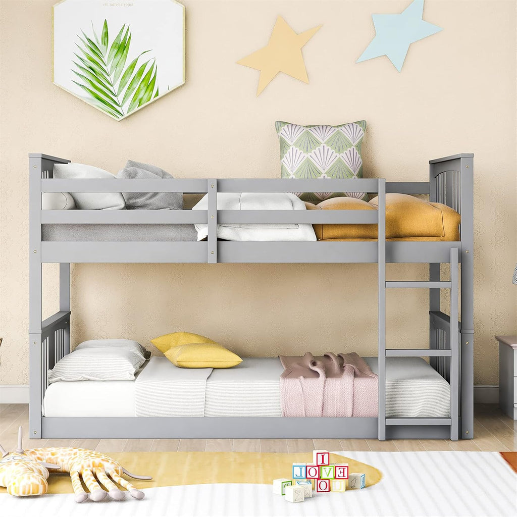Twin over Twin Low Bunk Bed Frame Wood for Kids, Gray Z1308