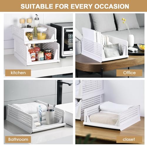 Stackable Plastic Storage Basket Foldable Closet Organizer White Large E203171