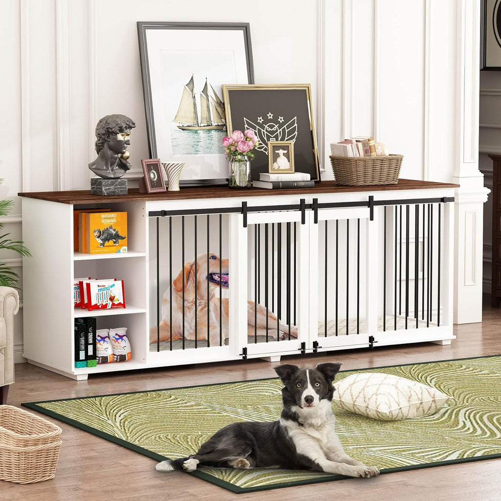 Large Dog Crate Furniture, 86.6" Wooden Dog Kennel for 2 Dogs with Shelves,Divider & Slidding Door, Indoor Heavy Duty Furniture Style Dog House w/Double Rooms for Large Medium Dogs, White