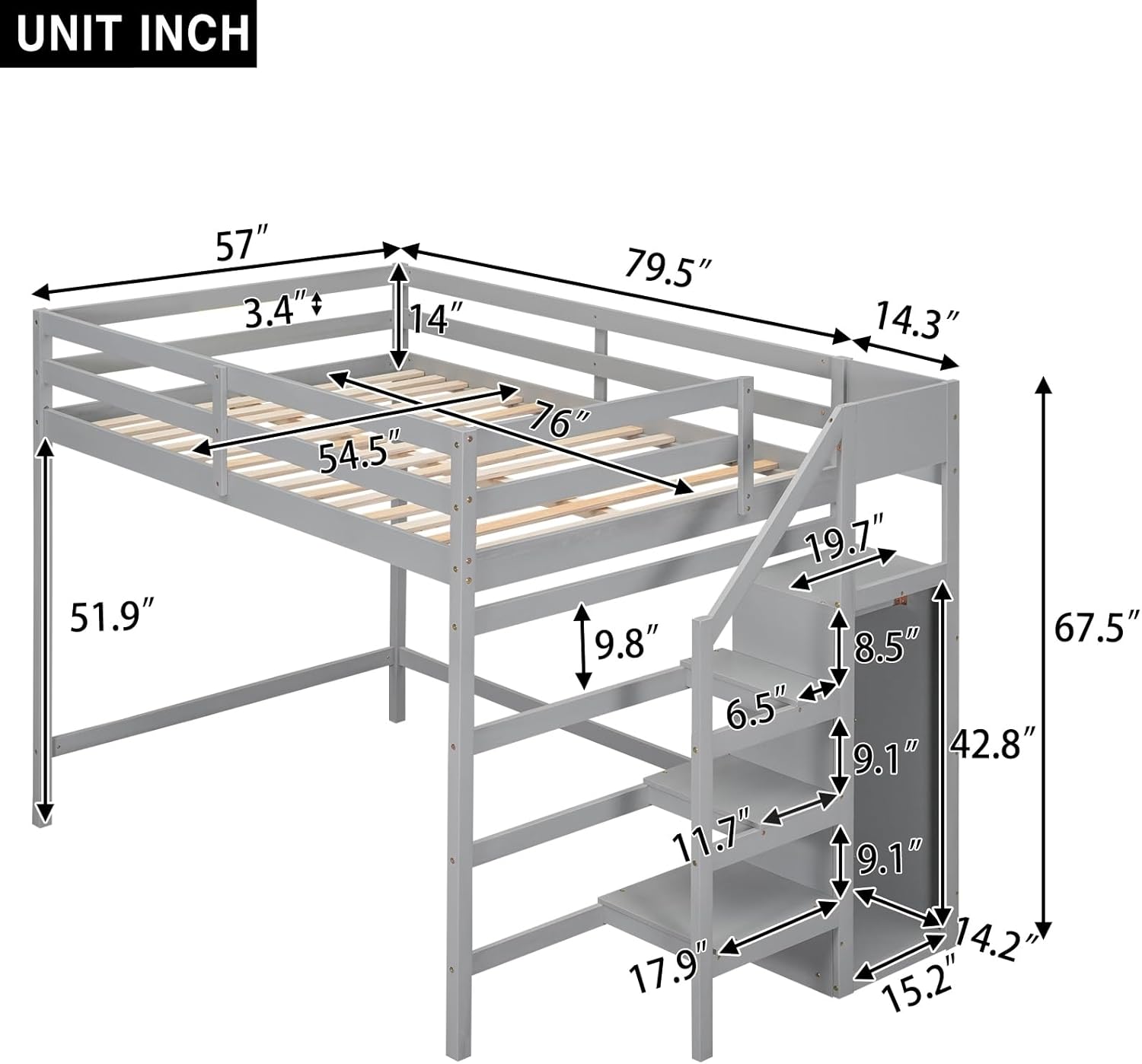 Gray Full Size Wooden Loft Bed with Storage Wardrobe and Staircase Guardrails T662