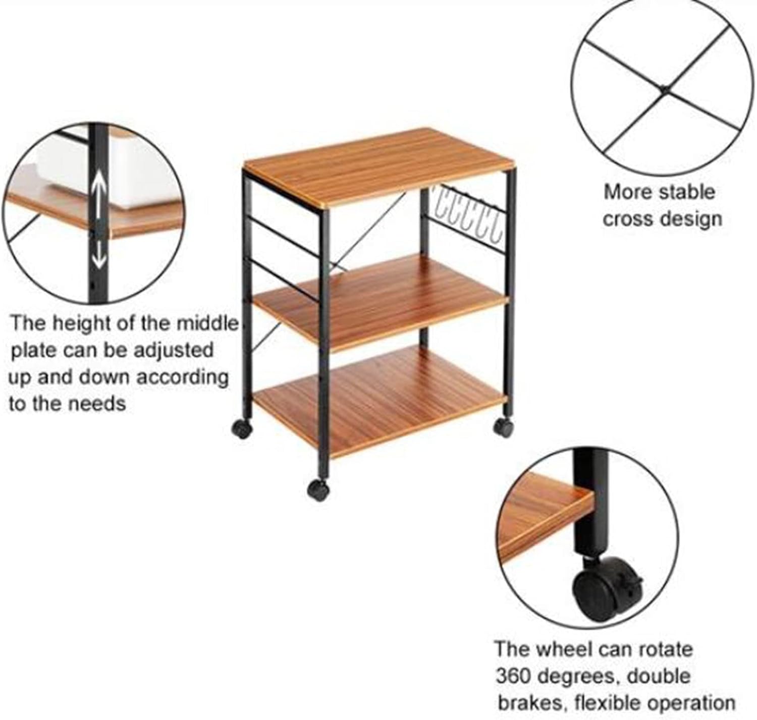 3-Tier Vintage Rolling Microwave Cart with Side Hook L283