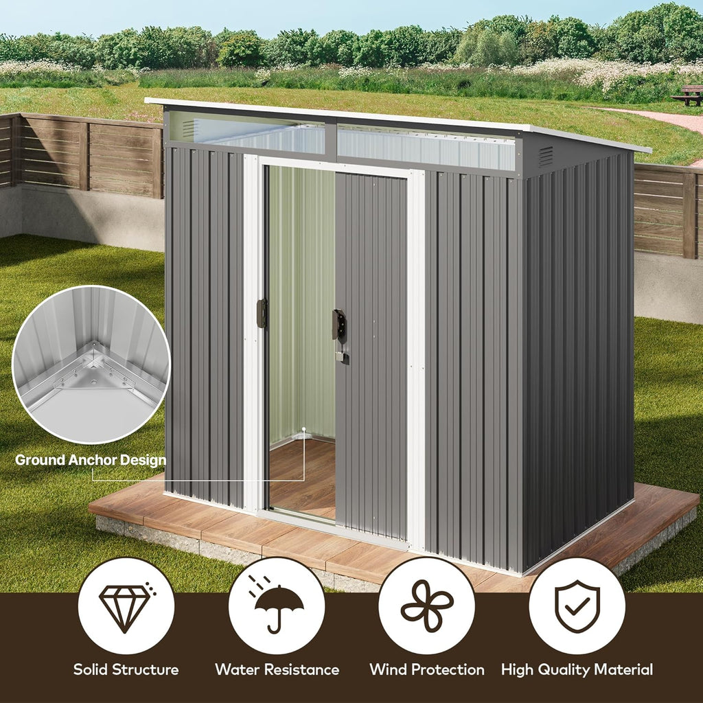 Gizoon 6' x 4' Outdoor Storage Shed with Sliding Doors, Metal with Anchors, Dark Gray C218669