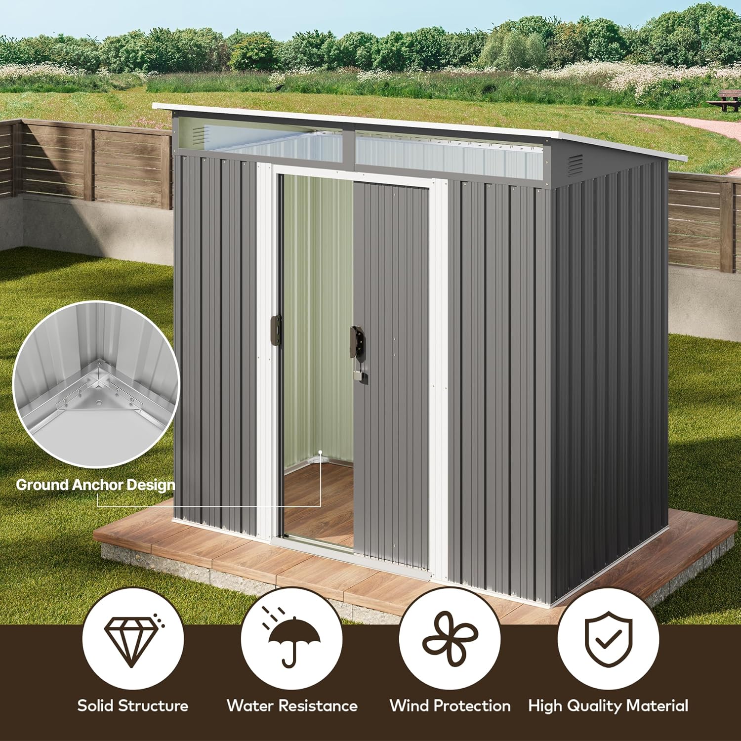 Gizoon 6' x 4' Outdoor Storage Shed with Sliding Doors, Metal with Anchors, Dark Gray C218669