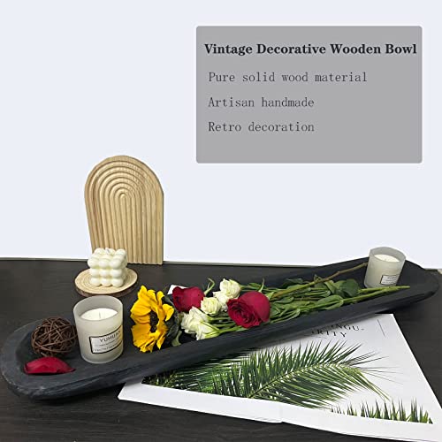 Wooden Dough Bowl Decorative Rustic Bread Tray, Hand Carved Table Centerpiece, Black X28215