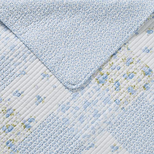 Laura Ashley King Cotton Reversible Quilt Set with Shams, Kenna Blue V86923