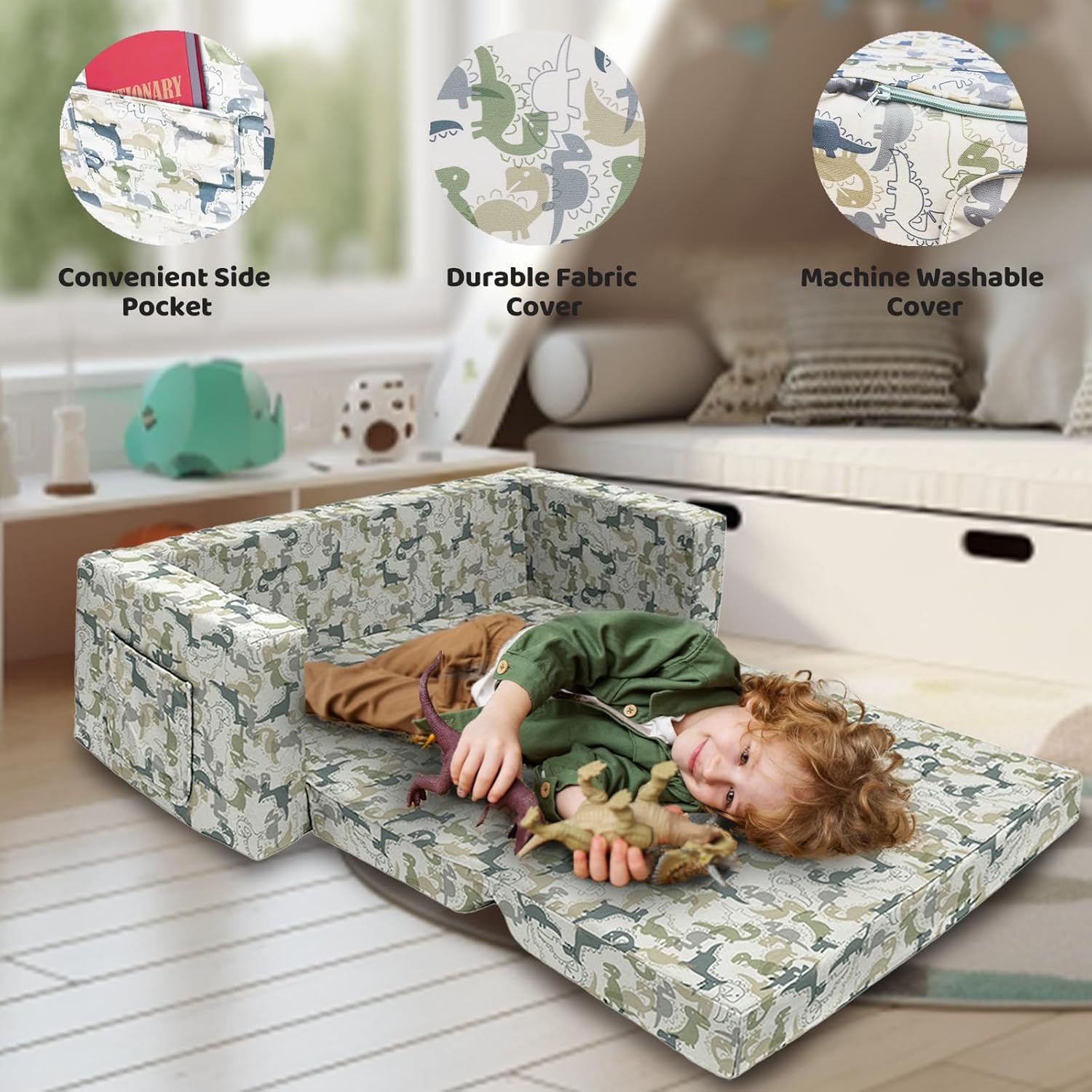 Kids Sofa Extra Wide Convertible 2-in-1 Lounger with Dinosaur Print W927