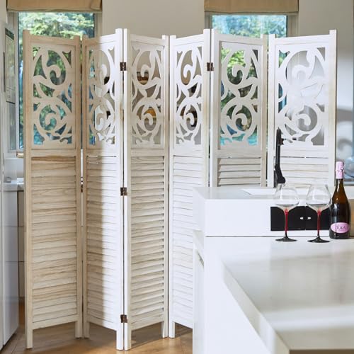 Folding Room Divider 6 Panels Wood Carved Privacy Screen White-Washed D48058