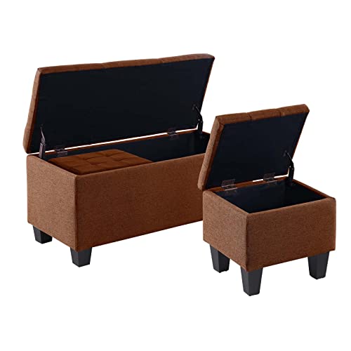 Large Storage Ottoman Folding Bench Set, 3 in 1 Upholstered Linen, Dark Blue L581