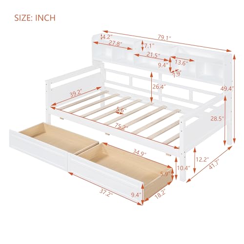 WADRI Twin Size Daybed with Bedside Shelf and 2 Storage Drawers, Wood Frame, Gray P301964
