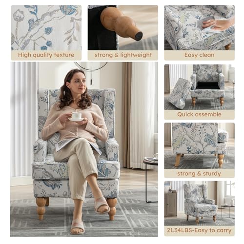 Simore Wingback Accent Chairs Set of 2, Floral Upholstered Armchair with Wood Legs, Blue W895616