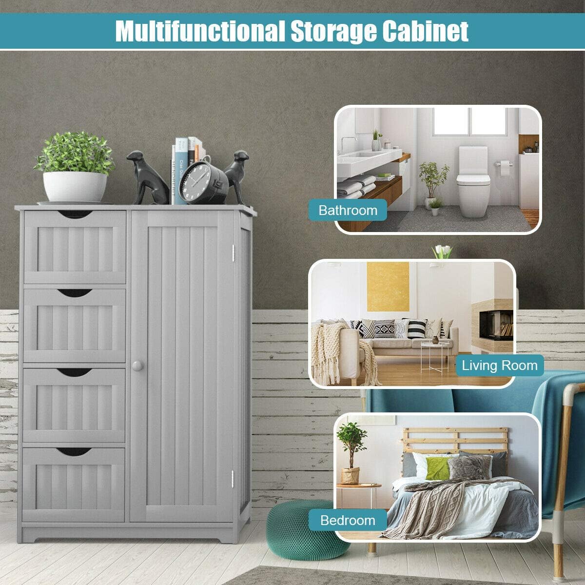 Freestanding Bathroom Floor Cabinet with 4 Drawers Grey U60304