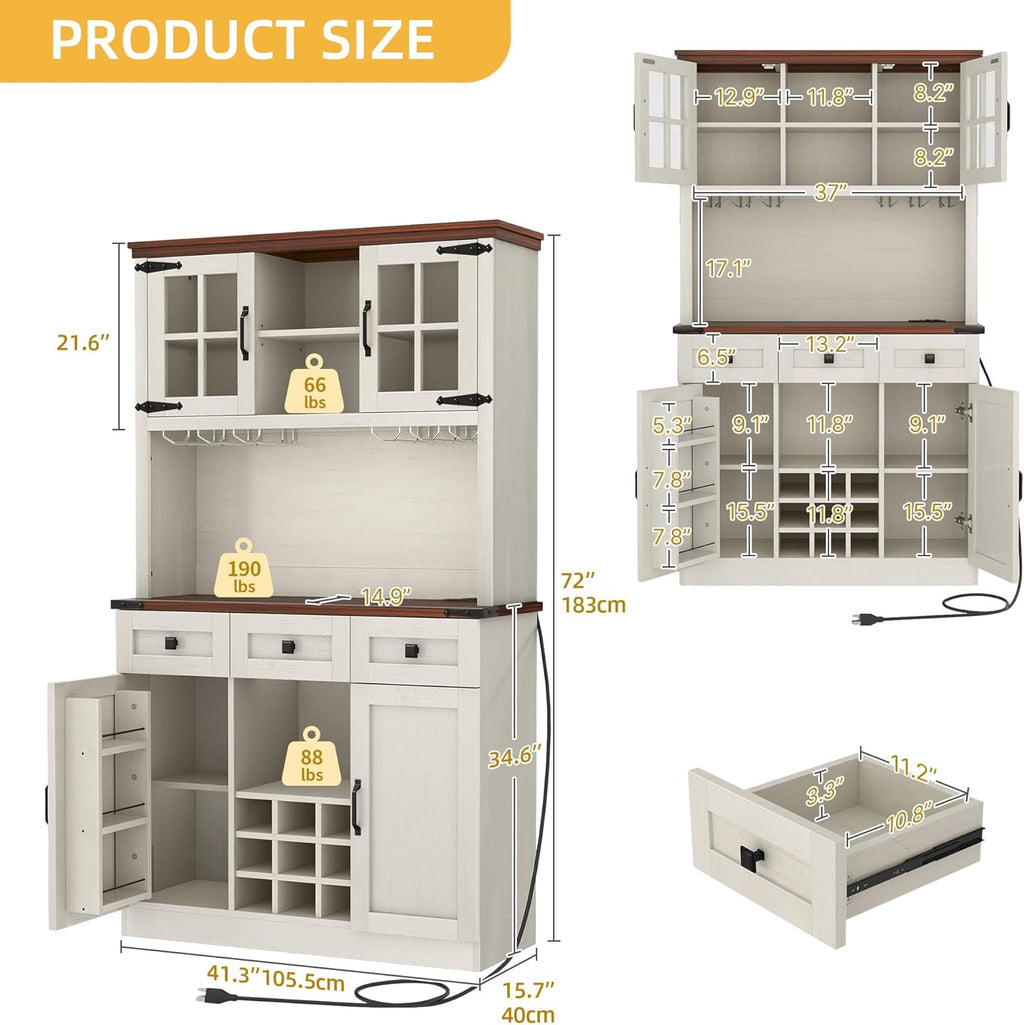 DWVO Coffee Bar Cabinet with Power Outlet and Lights, Farmhouse Pantry Cabinet, Antique White D44061