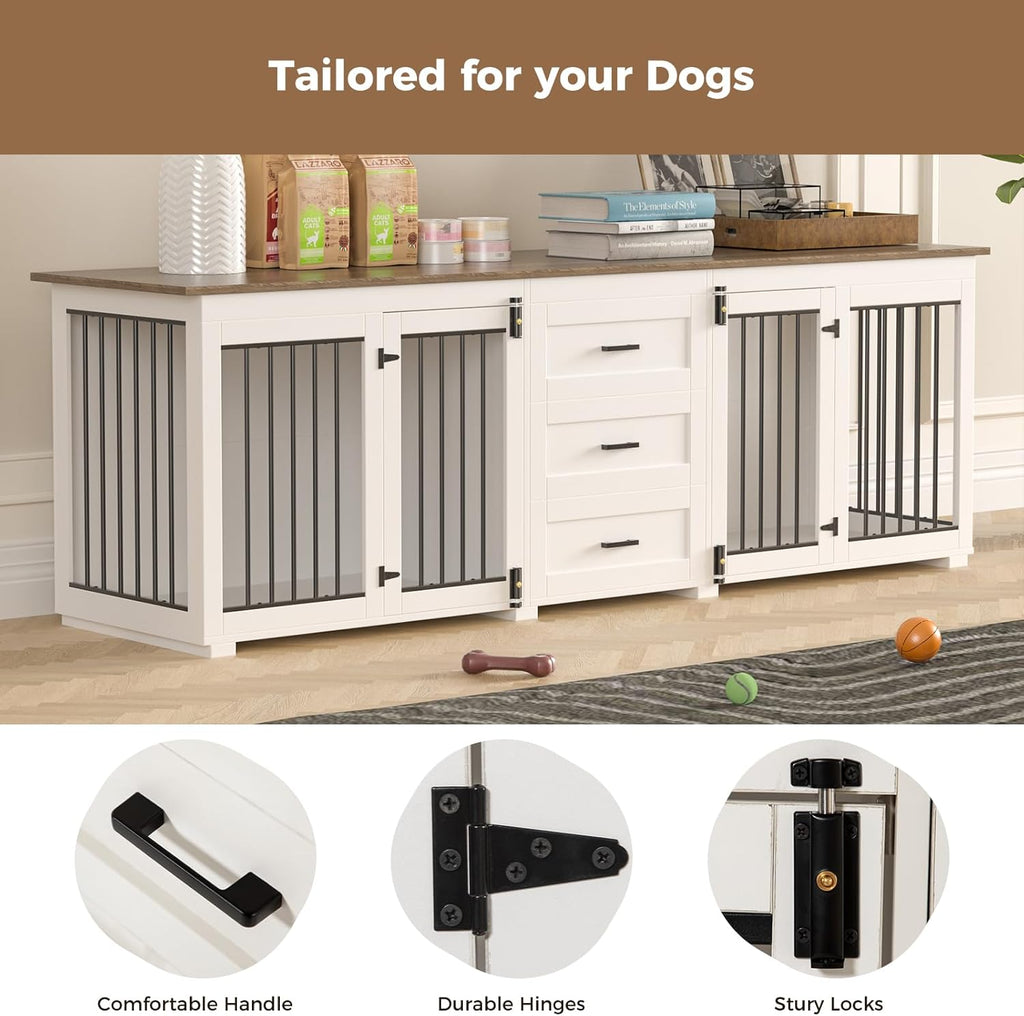 Large Dog Crate Furniture for 2 Dogs, Wooden Double Kennel with 3 Drawers, White Z887