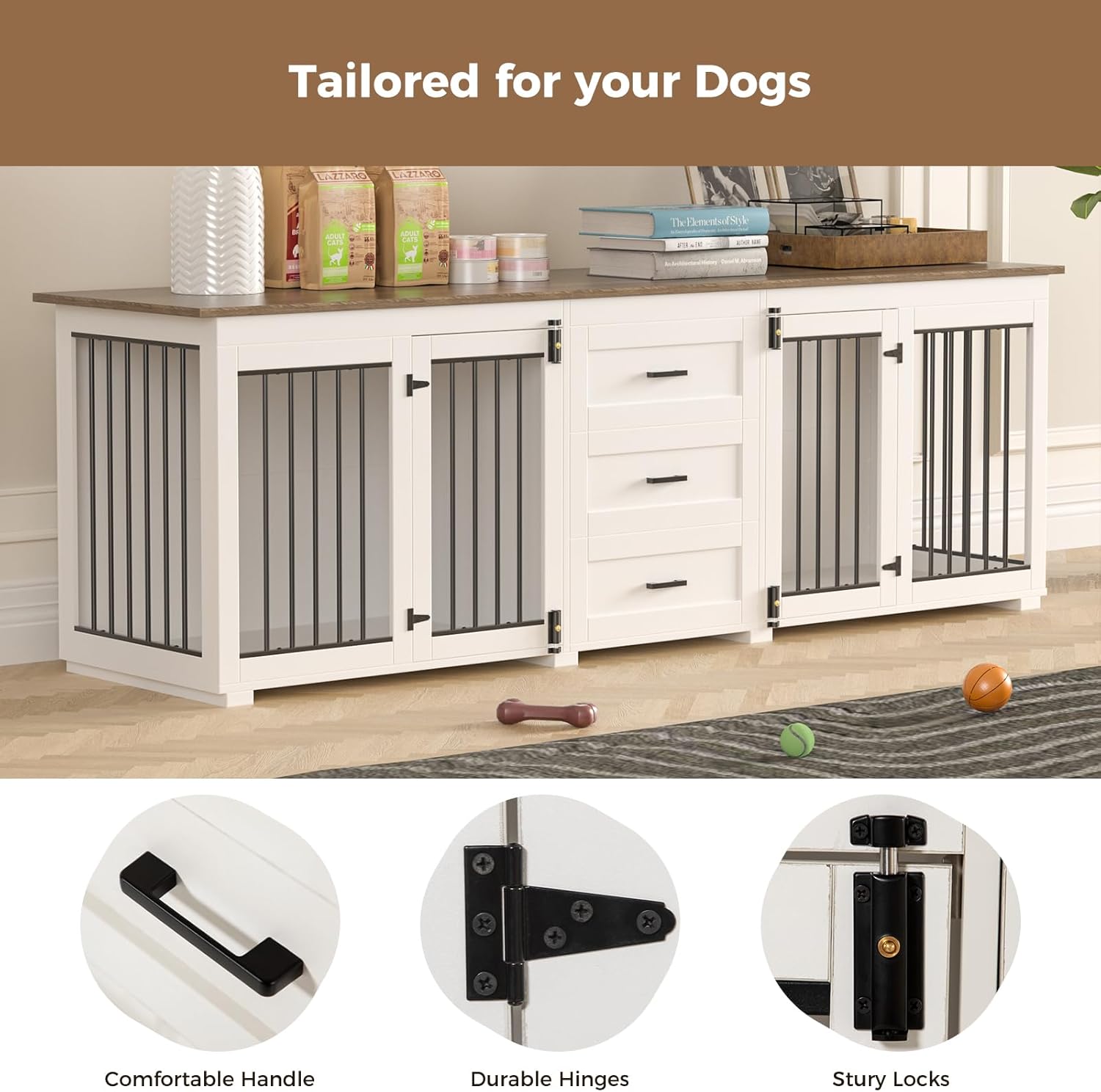 Large Dog Crate Furniture for 2 Dogs, Wooden Double Kennel with 3 Drawers, White Z887
