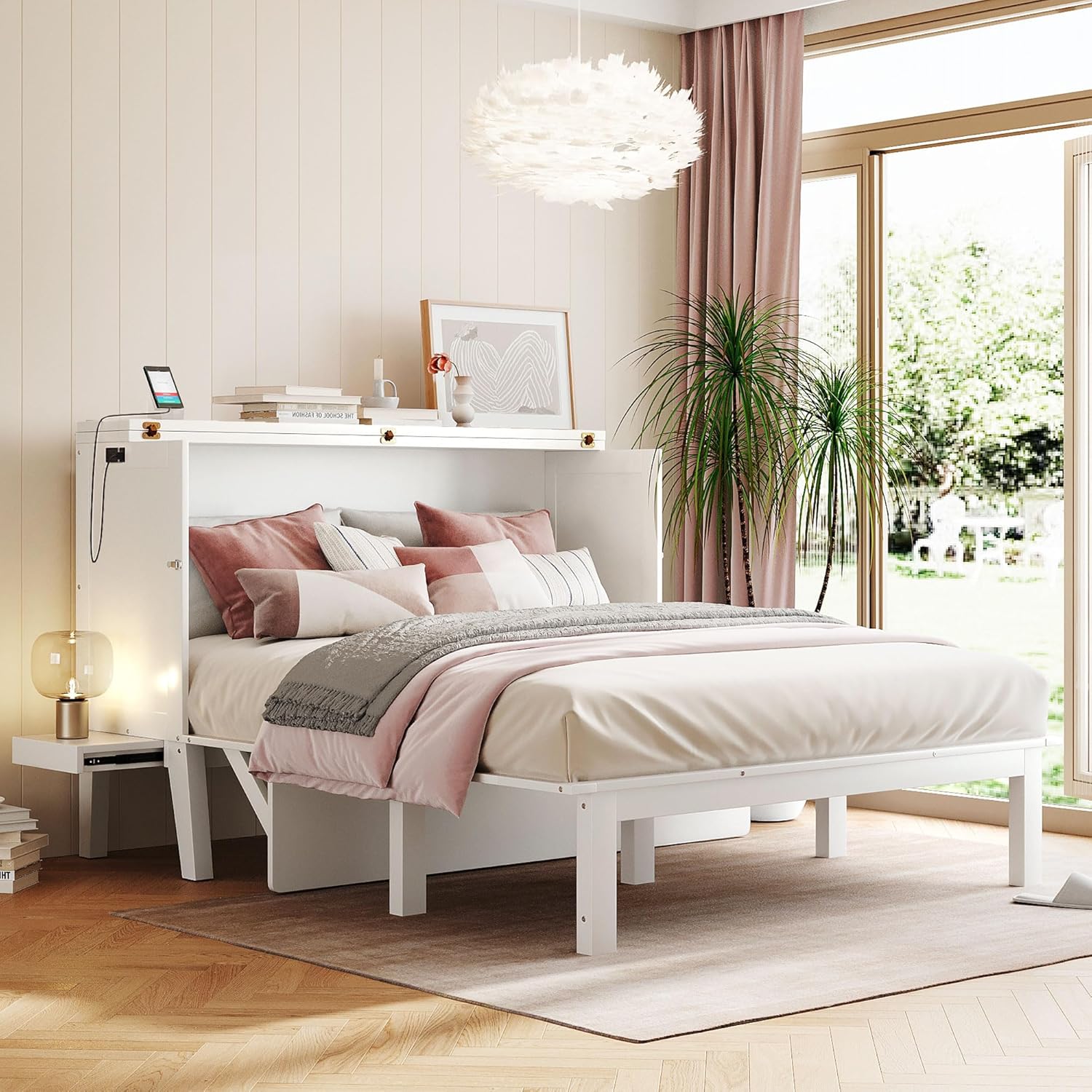 Queen Size Murphy Bed with USB Port & Removable Shelves for Bedroom, Living Room, Foldable Canbinet Bedframe w/Wooden Slat Support, No Spring Box Needed, White