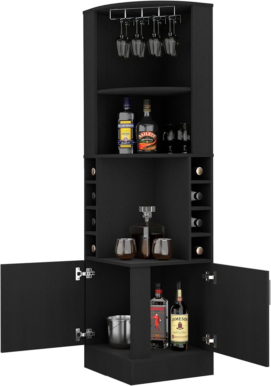 71 Inch Tall Corner Bar Wine Cabinet with Storage, Black Wengue Finish P837720
