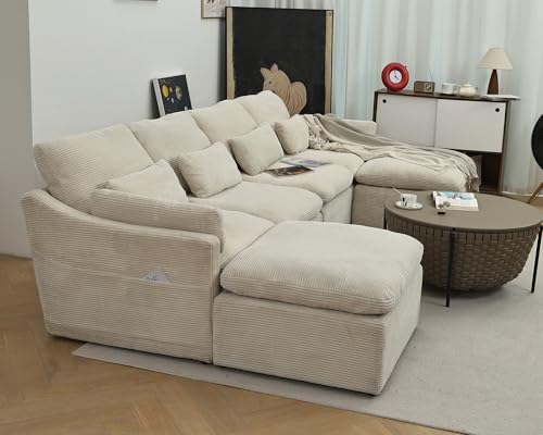 Modular Sectional Sofa with Fluffy Corduroy, U Shaped Couch with Ottomans J7693