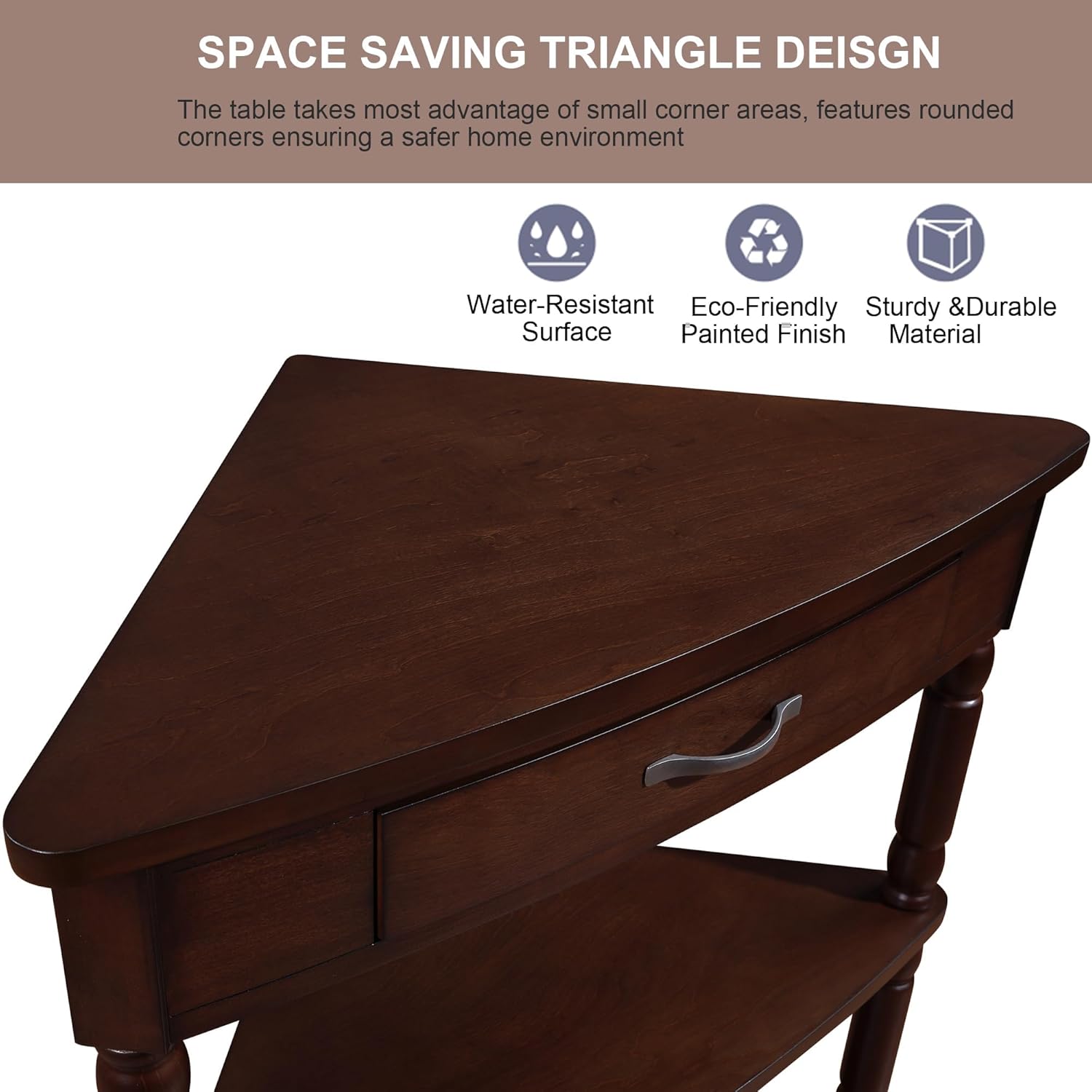 Classical Triangle Corner Table with Storage Drawer, Solid Wood Legs U847779