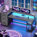SEDETA 59" Office Desk with Drawers, Reversible Computer Desk with File Drawers & Storage, Gaming Desk with LED Lights & Power Outlet, Home Office Desks for Printer, Black