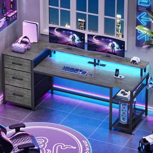 SEDETA 59" Office Desk with Drawers, Reversible Computer Desk with File Drawers & Storage, Gaming Desk with LED Lights & Power Outlet, Home Office Desks for Printer, Black