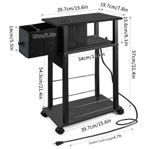 Side Table with Charging Station and Drawer, Narrow End Table with USB Ports, Black F62344