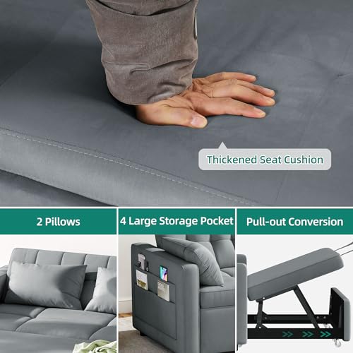 YITAHOME 55" Convertible Sofa Bed, 3-in-1 Sleeper Sofa, Velvet Futon Couch, Grey Z8630